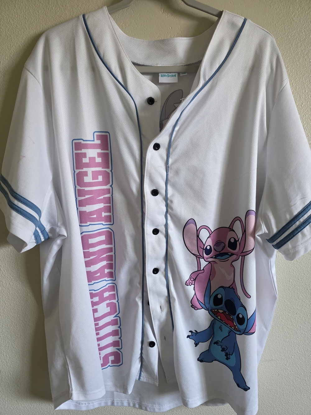 Disney White Button-Front Jersey with Pink & Blue Stitch and Angel